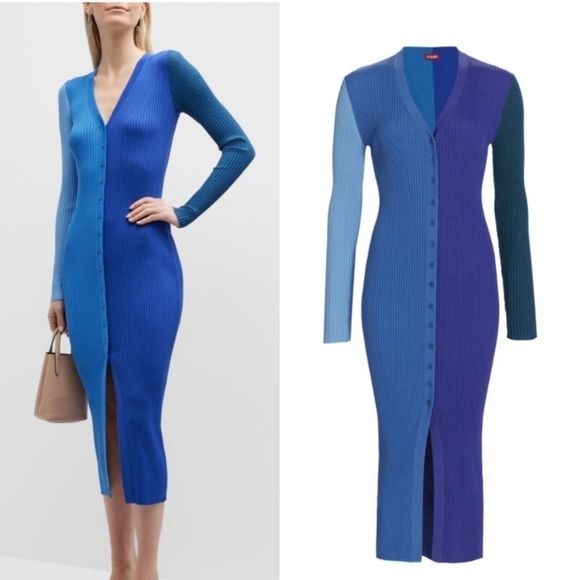 STAUD || Shoko Ribbed Color Block Sweater Midi Dress Cobalt Blue XS NWT