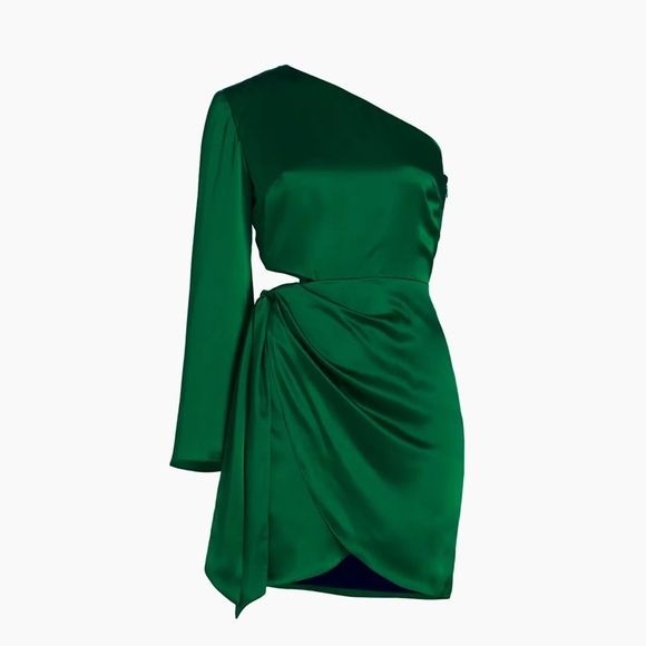 Amanda Uprichard || Dolores One-Shoulder Cut-Out Minidress Silk Dark Green L NWT