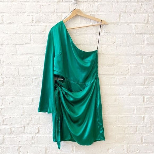 Amanda Uprichard || Dolores One-Shoulder Cut-Out Minidress Silk Dark Green L NWT