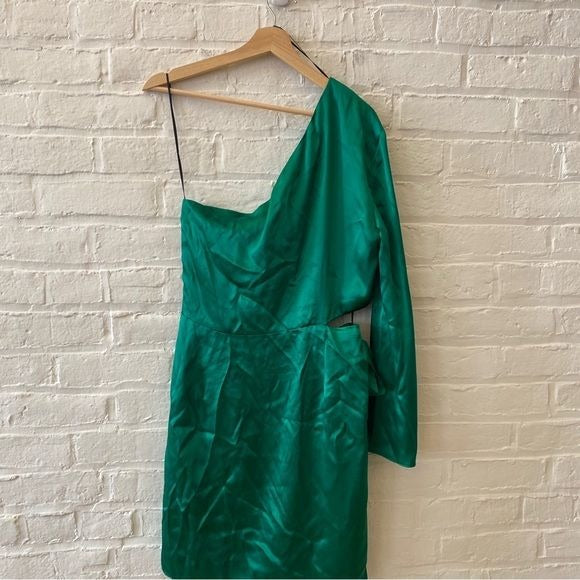 Amanda Uprichard || Dolores One-Shoulder Cut-Out Minidress Silk Dark Green L NWT