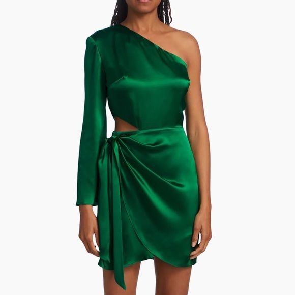 Amanda Uprichard || Dolores One-Shoulder Cut-Out Minidress Silk Dark Green L NWT