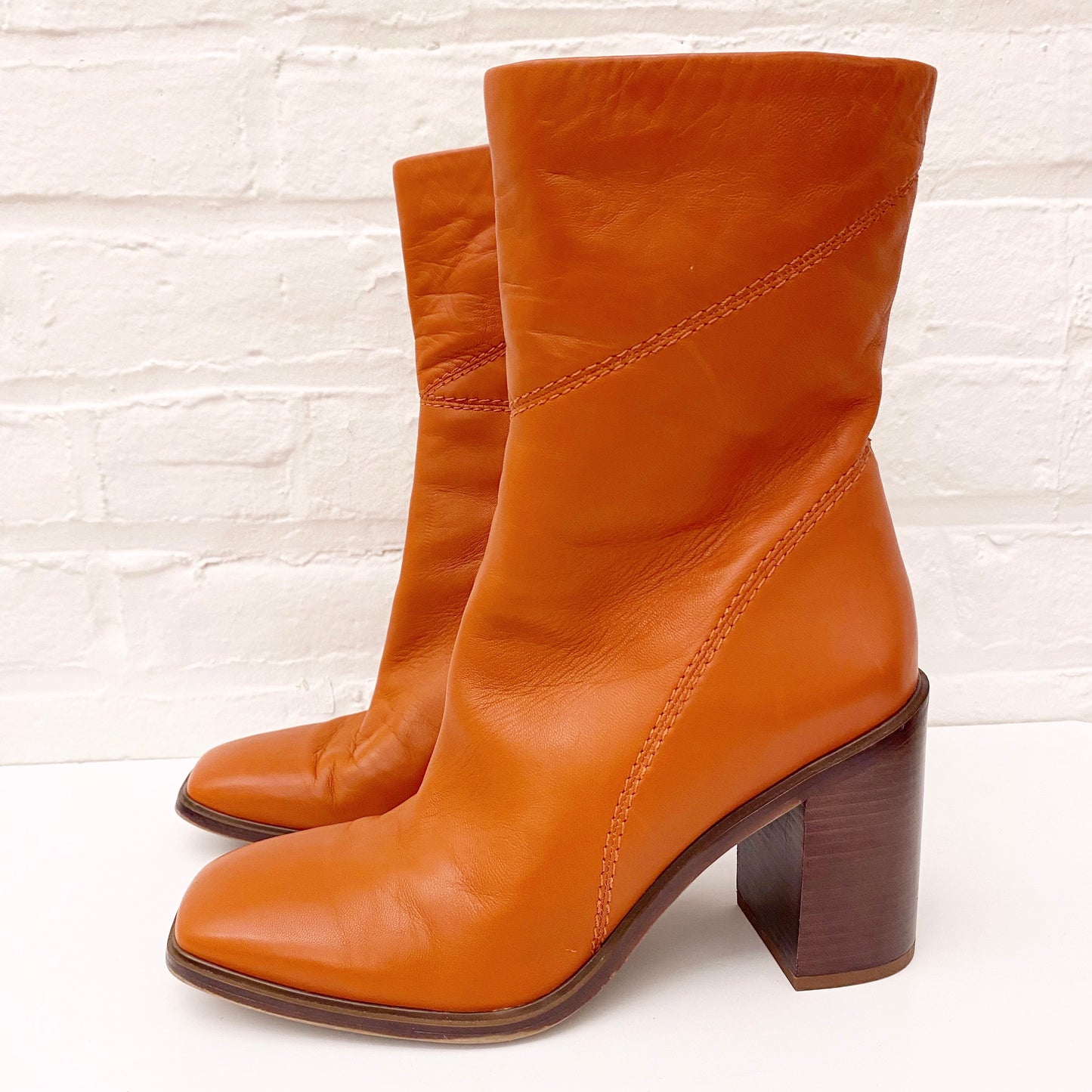 Franco Sarto || Stevie Square Toe Mid Shaft Ankle Boot Bootie Dark Orange Brown