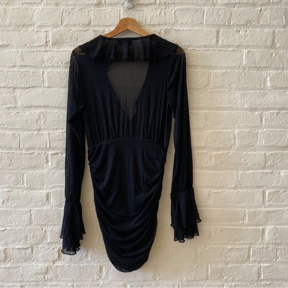 Michael Costello x REVOLVE || Mavis Mini Dress Sheer Ruffle Long Sleeve Black S