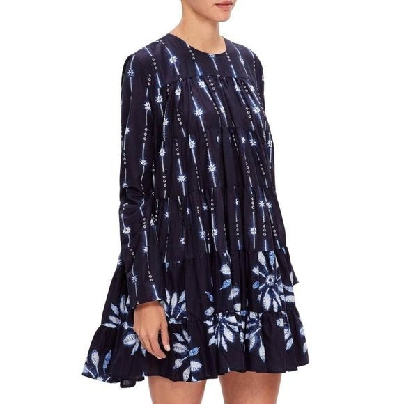 Merlette || Soliman Shibori Trapeze Tiered Mini Dress Floral Navy Small NWT