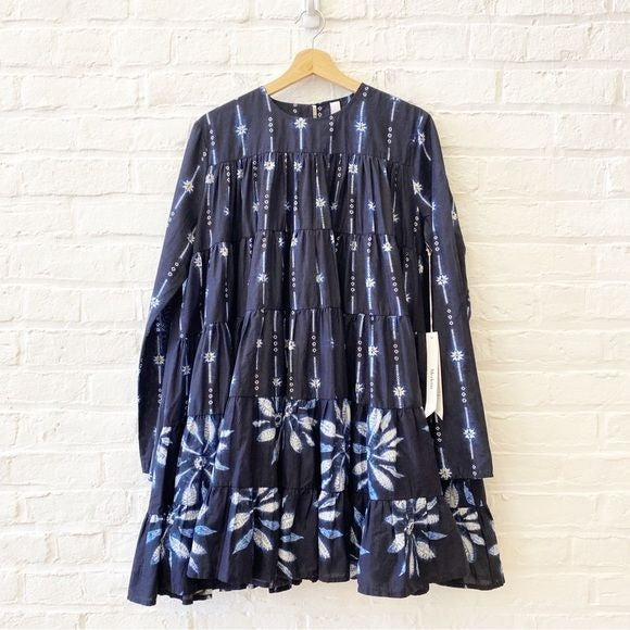 Merlette || Soliman Shibori Trapeze Tiered Mini Dress Floral Navy Small NWT