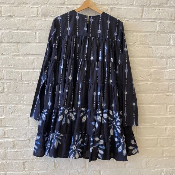 Merlette || Soliman Shibori Trapeze Tiered Mini Dress Floral Navy Small NWT