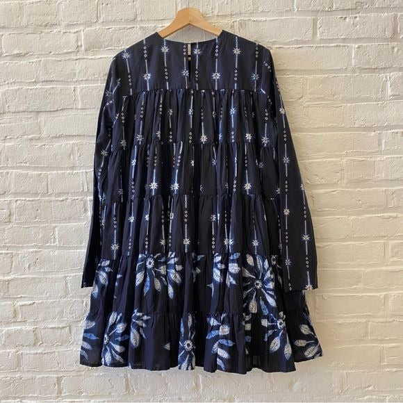 Merlette || Soliman Shibori Trapeze Tiered Mini Dress Floral Navy Small NWT