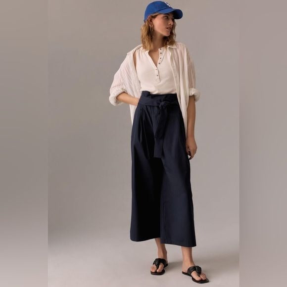 Anthropologie || Exquise Pleated Tie-Front Trousers Belted Wide Leg Navy Blue S