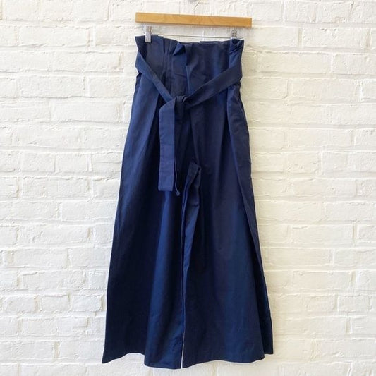 Anthropologie || Exquise Pleated Tie-Front Trousers Belted Wide Leg Navy Blue S