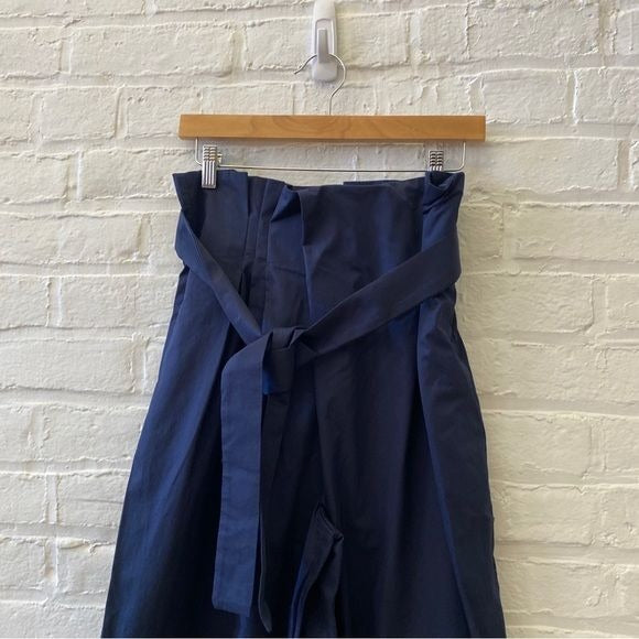 Anthropologie || Exquise Pleated Tie-Front Trousers Belted Wide Leg Navy Blue S