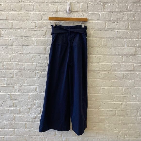 Anthropologie || Exquise Pleated Tie-Front Trousers Belted Wide Leg Navy Blue S