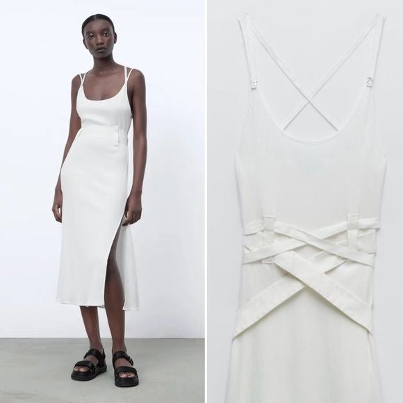 Zara || Ribbed Midi Dress Strappy Tie Belts White Small