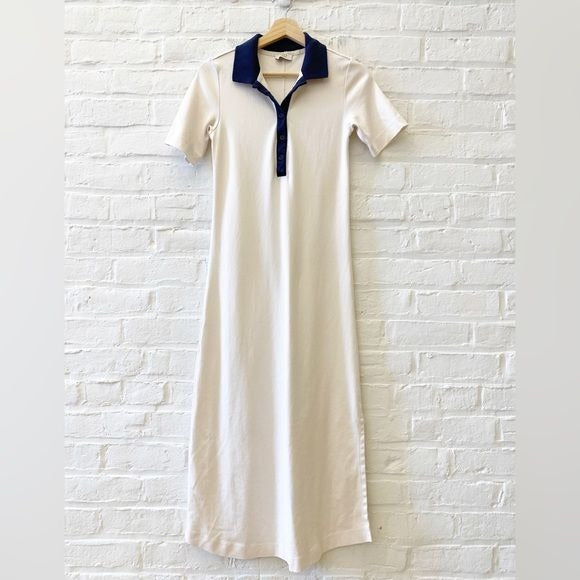 AYR || The Scout Dress Midi Pima Cotton Collared Polo Ivory Navy Small