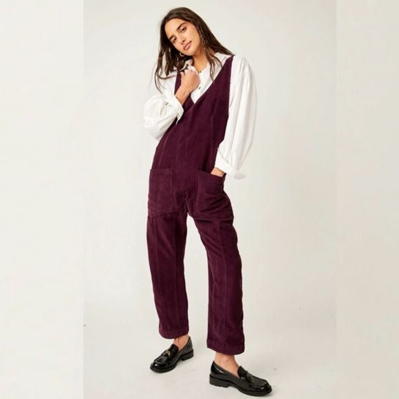 Free People || We the Free High Roller Cord Jumpsuit Overalls Plum Purple S