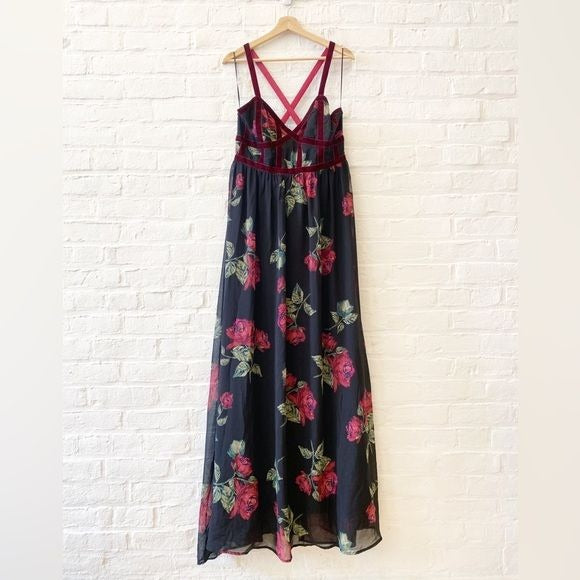 Altar’d State || Mariah Floral Maxi Dress Gown Velvet Trim Black Burguny XL