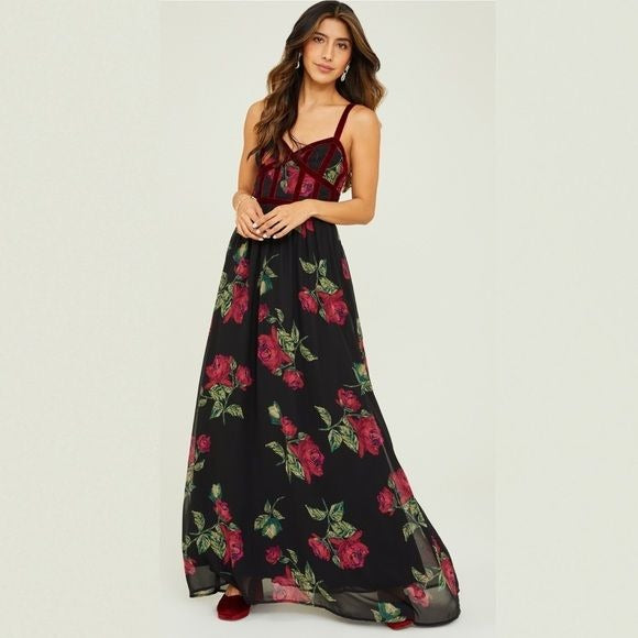 Altar’d State || Mariah Floral Maxi Dress Gown Velvet Trim Black Burguny XL