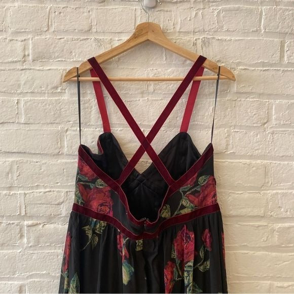 Altar’d State || Mariah Floral Maxi Dress Gown Velvet Trim Black Burguny XL