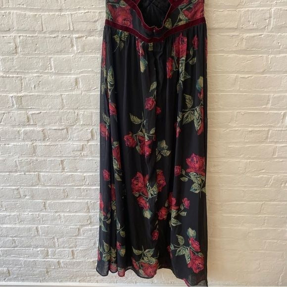 Altar’d State || Mariah Floral Maxi Dress Gown Velvet Trim Black Burguny XL