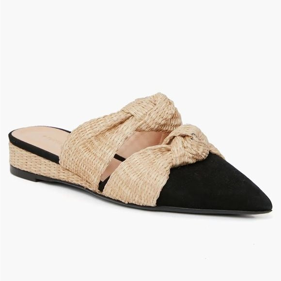 Tuckernuck || Suede and Raffia Lucia Wedges Knot Mules Black Tan 10