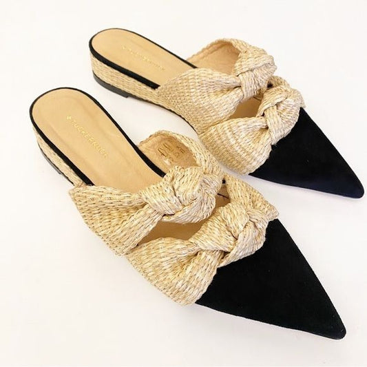 Tuckernuck || Suede and Raffia Lucia Wedges Knot Mules Black Tan 10