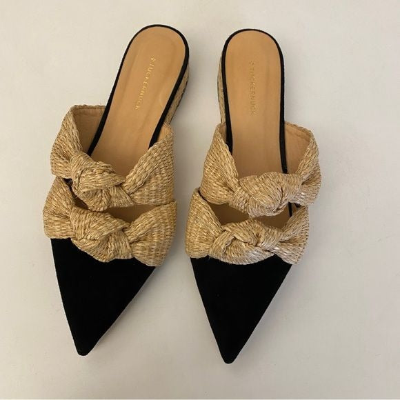 Tuckernuck || Suede and Raffia Lucia Wedges Knot Mules Black Tan 10