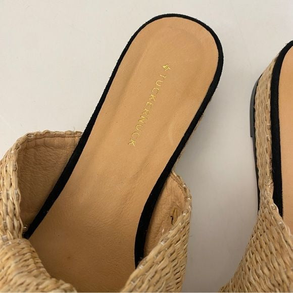 Tuckernuck || Suede and Raffia Lucia Wedges Knot Mules Black Tan 10