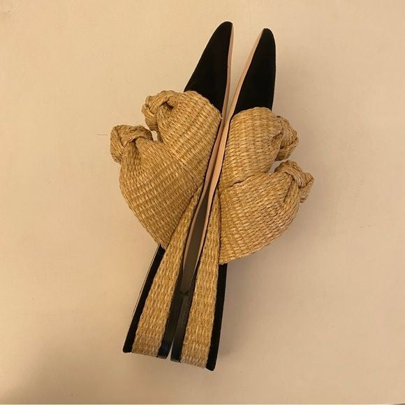 Tuckernuck || Suede and Raffia Lucia Wedges Knot Mules Black Tan 10