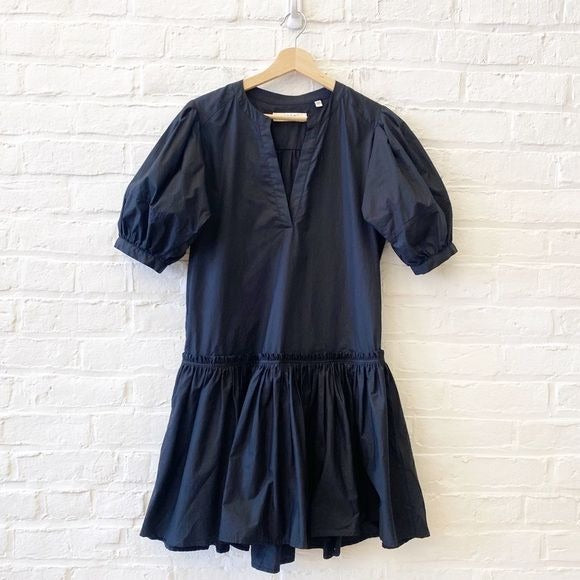 Joie || Courtrine Cotton Poplin Drop Waist Ruffle Mini Dress Black Small