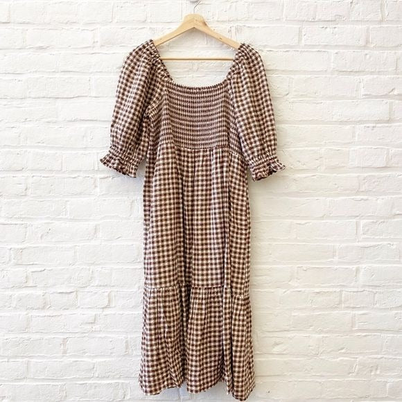 Madewell || Lucie Elbow-Sleeve Smocked Midi Dress Gingham Brown Medium