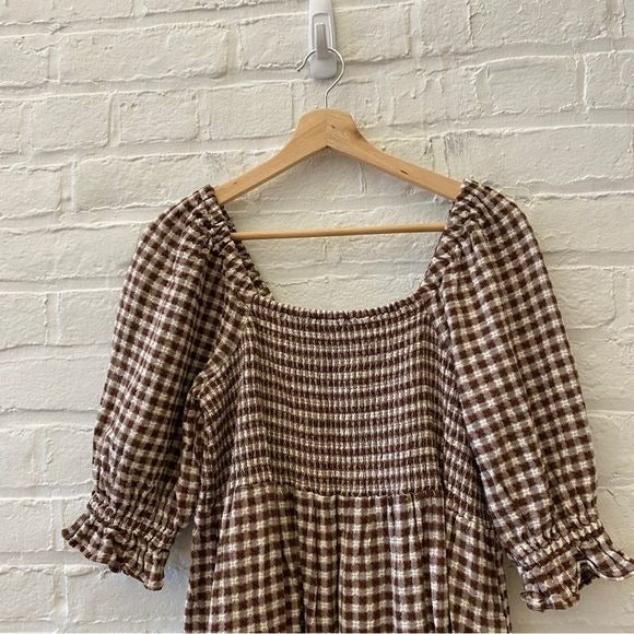 Madewell || Lucie Elbow-Sleeve Smocked Midi Dress Gingham Brown Medium