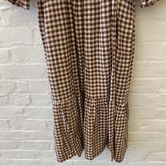 Madewell || Lucie Elbow-Sleeve Smocked Midi Dress Gingham Brown Medium