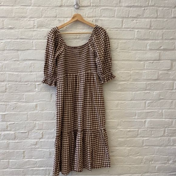 Madewell || Lucie Elbow-Sleeve Smocked Midi Dress Gingham Brown Medium