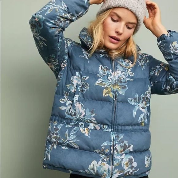 Anthropologie || Ett:Twa Floral Puffer Jacket Coat Blue Small