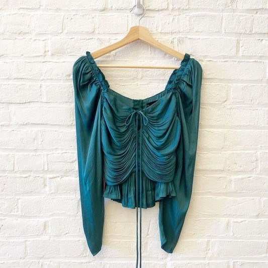 House of Harlow 1960 || Ruched Balloon Sleeve Draped Blouse Emerald Green Small