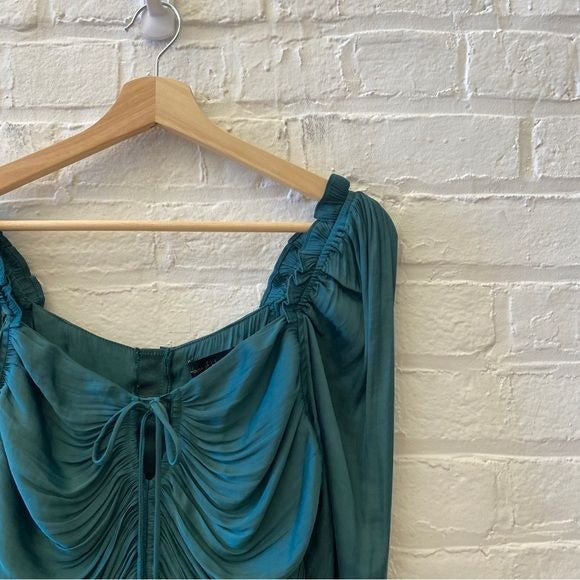 House of Harlow 1960 || Ruched Balloon Sleeve Draped Blouse Emerald Green Small