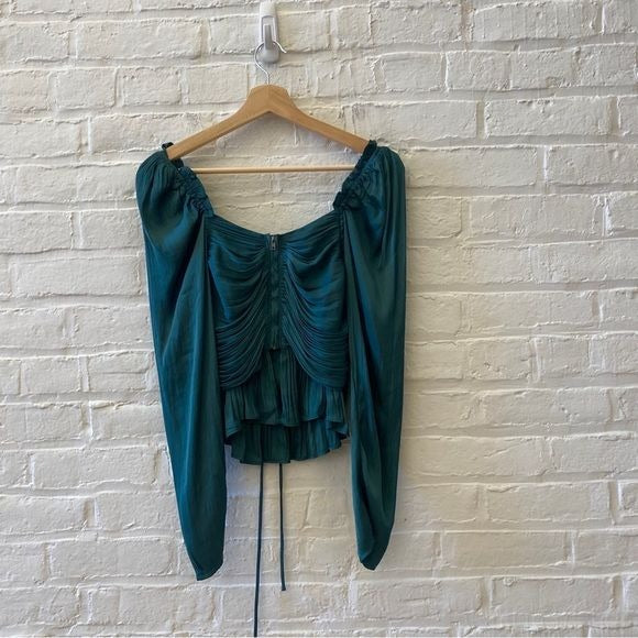 House of Harlow 1960 || Ruched Balloon Sleeve Draped Blouse Emerald Green Small