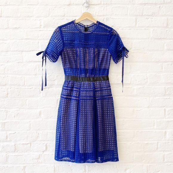 Self-Portrait || Aurelia Paneled Lace Fit & Flare Dress Cobalt Blue US 2