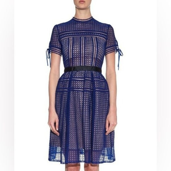 Self-Portrait || Aurelia Paneled Lace Fit & Flare Dress Cobalt Blue US 2