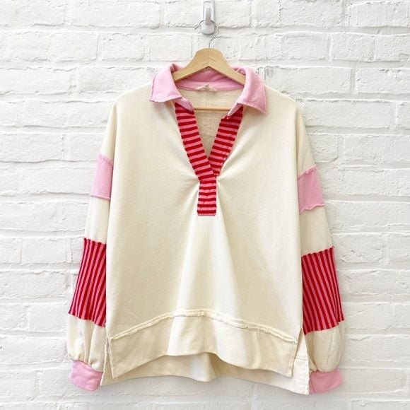 Entro || Notched Collar Sweatshirt Pullover Stripes Oversized Red Pink Cream S