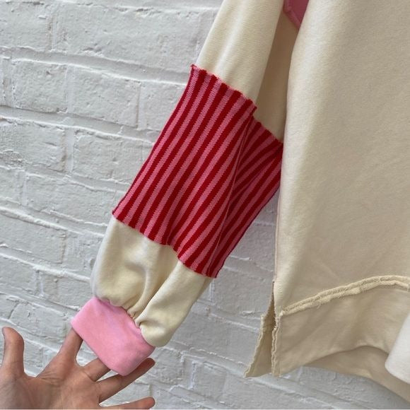 Entro || Notched Collar Sweatshirt Pullover Stripes Oversized Red Pink Cream S