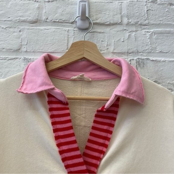 Entro || Notched Collar Sweatshirt Pullover Stripes Oversized Red Pink Cream S