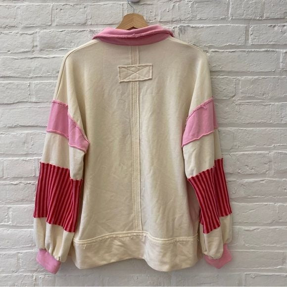 Entro || Notched Collar Sweatshirt Pullover Stripes Oversized Red Pink Cream S