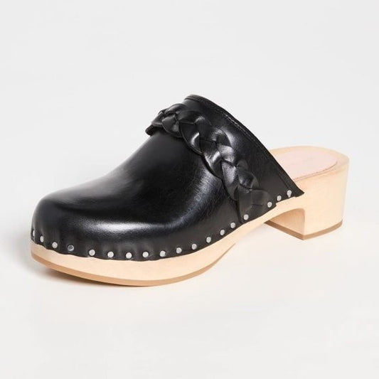 Loeffler Randall || Polina Low-Heel Clogs Braided Leather Wood Black 6 New Box