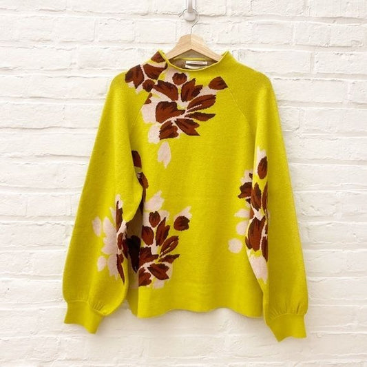 Anthropologie || Floral Mockneck Pullover Sweater Yellow XL