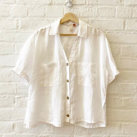 Anthropologie || Boxy Linen Button Down Short Sleeve Top White Small