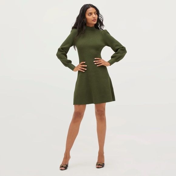 Hill House || The Mariana Sweater Dress Mini Knit Fit Flare Leaf Green XXS