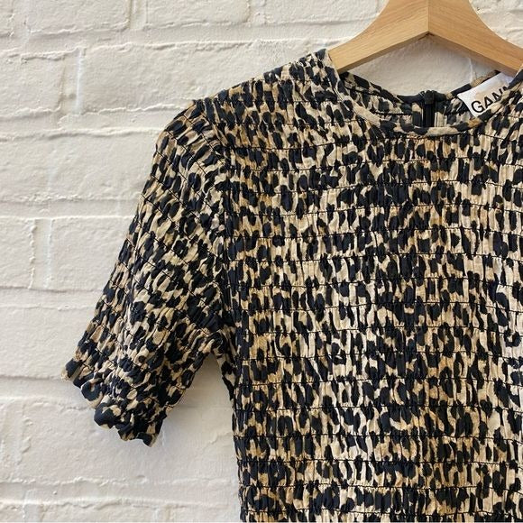 GANNI || Smocked Peplum Top Leopard Print Cotton + Silk 36 EU US 4