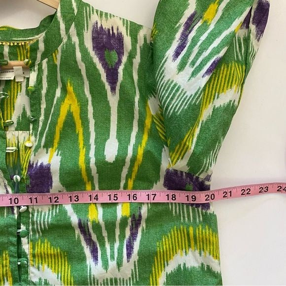 Anthropologie || Sharona Henley Top Blouse Ikat Pattern Green Purple Medium