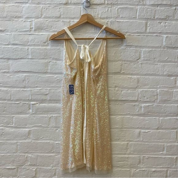 Free People || Gold Rush Sequined Slip Mini Dress Tie Back Ivory Blush Large NWT