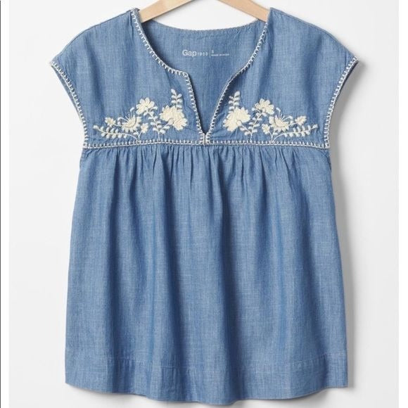 Gap || Embroidered Yoke Babydoll Top Chambray Blue Small